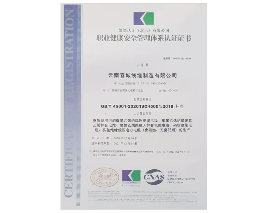 職業(yè)健康安全管理體系認證證書